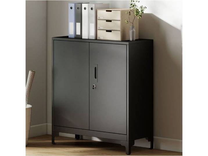 Armoire De Bureau En Metal Noir Armoire De Rangement FloraGrace Pour Bureau Garage Ou Salon Portes Verrouillables 80x35x91cm