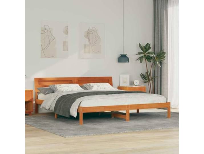 Massives Kiefernholz Plattformbettrahmen mit Kopfteil Minimalistisch Modern Bettrahmen mit Kopfteil Braun 200x200 cm Massives Kiefernholz Plattformbett Lattenrost USB Stabile Holzkonstruktion