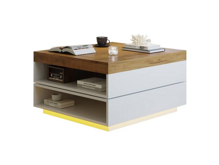 Modfu Couchtisch aus MDF 65x65x40 cm in Eichefarben mit LED-Beleuchtung, 65x40x65 cm, Wohnzimmer, Wohnzimmertische, Couchtische