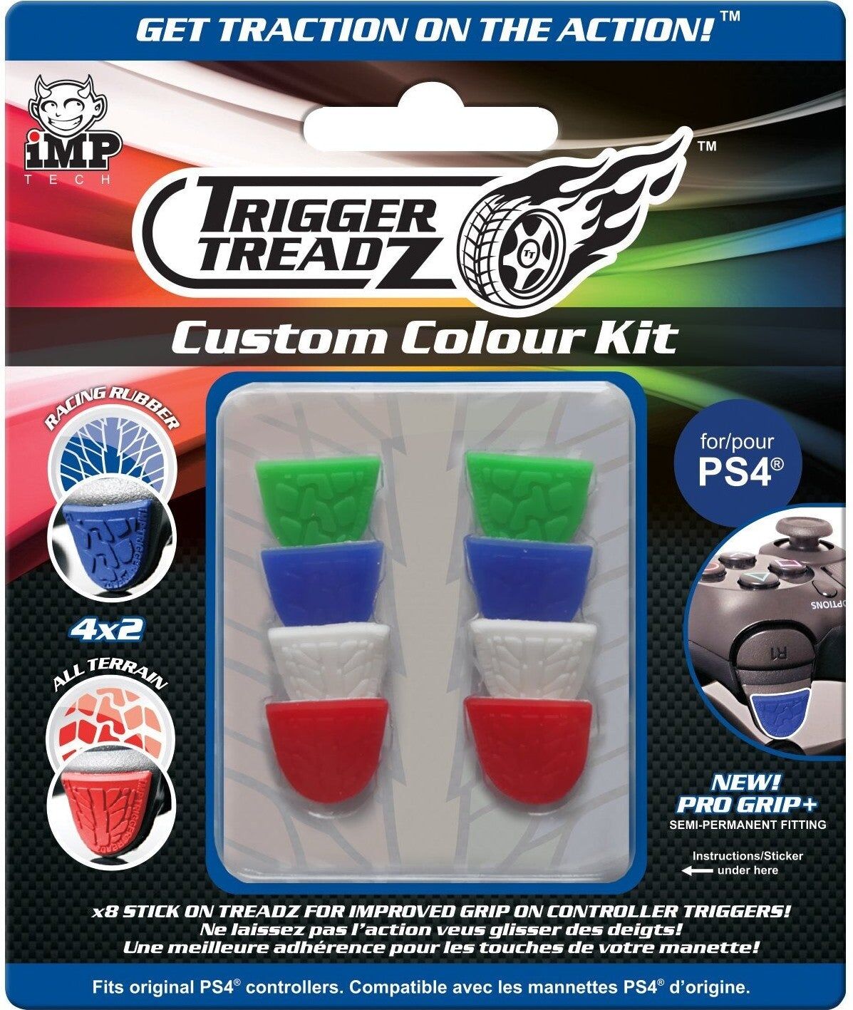 iMP Tech Trigger Treadz Custom Colour Kit for PS4 Controllers (8 Pack) - Customizable PS4 Controller Accessories, Green/Blue/White/Red