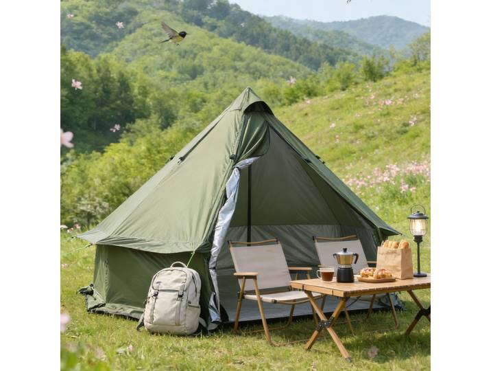Tente pyramidale de luxe pour 4 personnes, tente yourte avec revêtement argenté pour la protection UV, tente de camping respirante, espace pour poêle, pour 4 saisons