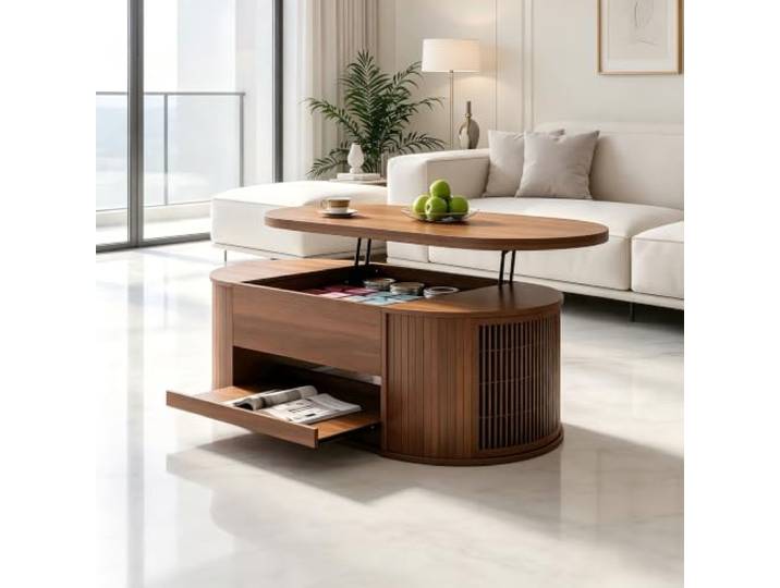 VILUXE Couchtisch Höhenverstellbar 110 cm Walnuss, Wohnzimmertisch mit Stauraum, anhebbarer Platte & ausziehbarer Ablage