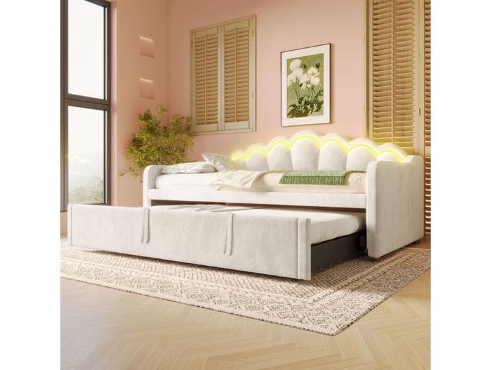 Lit de jour multifonction - Lit gigogne 90x200cm - Canapé-lit transformable - Velours beige - Bande LED colorée
