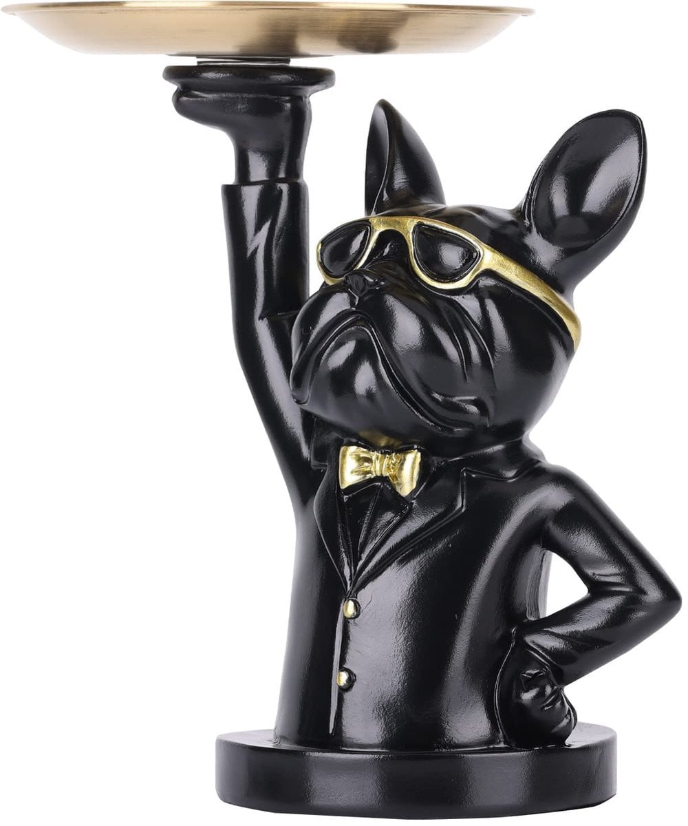 Bulldog Beeld - Multifunctionele Hars Butler Decoratie met Opbergplateau voor Sleutels en Portemonnee