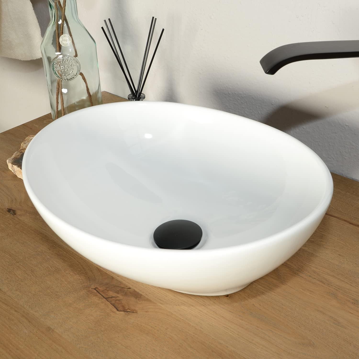 Merkloze moderne ovale keramische wasbak voor op het aanrecht in wit, Breedte: 41 cm