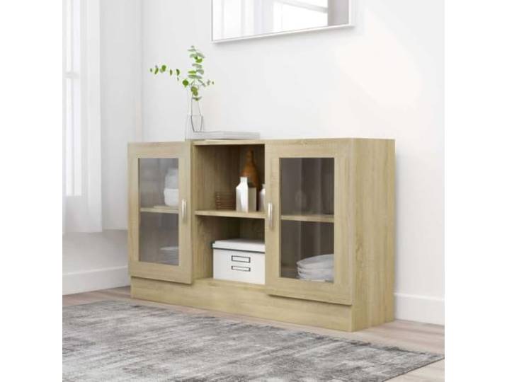 RJPLMFV Vitrinenschrank Sonoma-Eiche, 120 x 30,5 x 70 cm, Holz 2 Fächer, 2 Türen, Aufbewahrung für Bücher und Medien, leicht zu reinigen