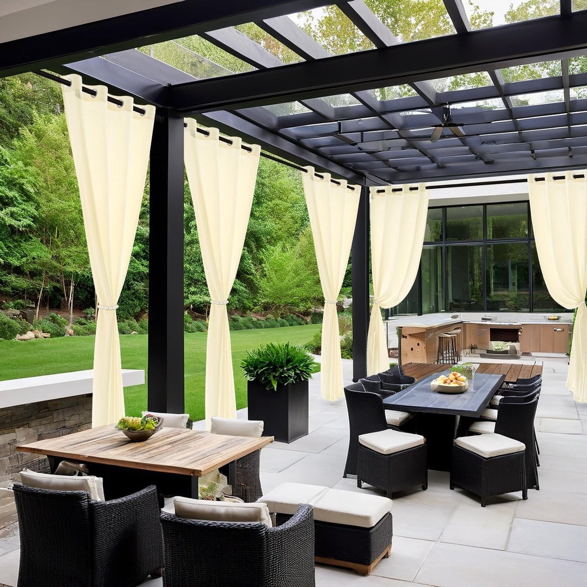 Set van 2 waterdichte semi-transparante buitengordijnen met oogjes voor tuin, balkon of serre, beige, B: 132 cm, H: 215 cm