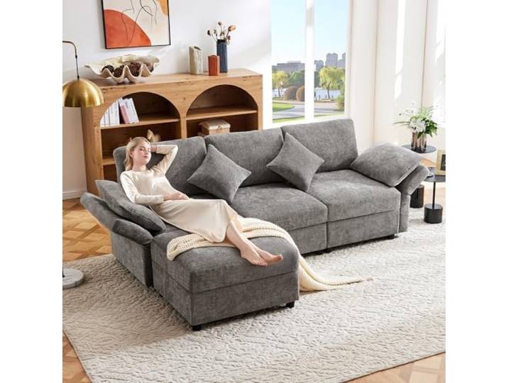 Merax L-förmiges Ecksofa mit Fußhocker & Schlaffunktion – Modernes 3/4-Sitzer Sofa mit verstellbaren Armlehnen & Kissen, Chenille-Stoff für Wohnzimmer