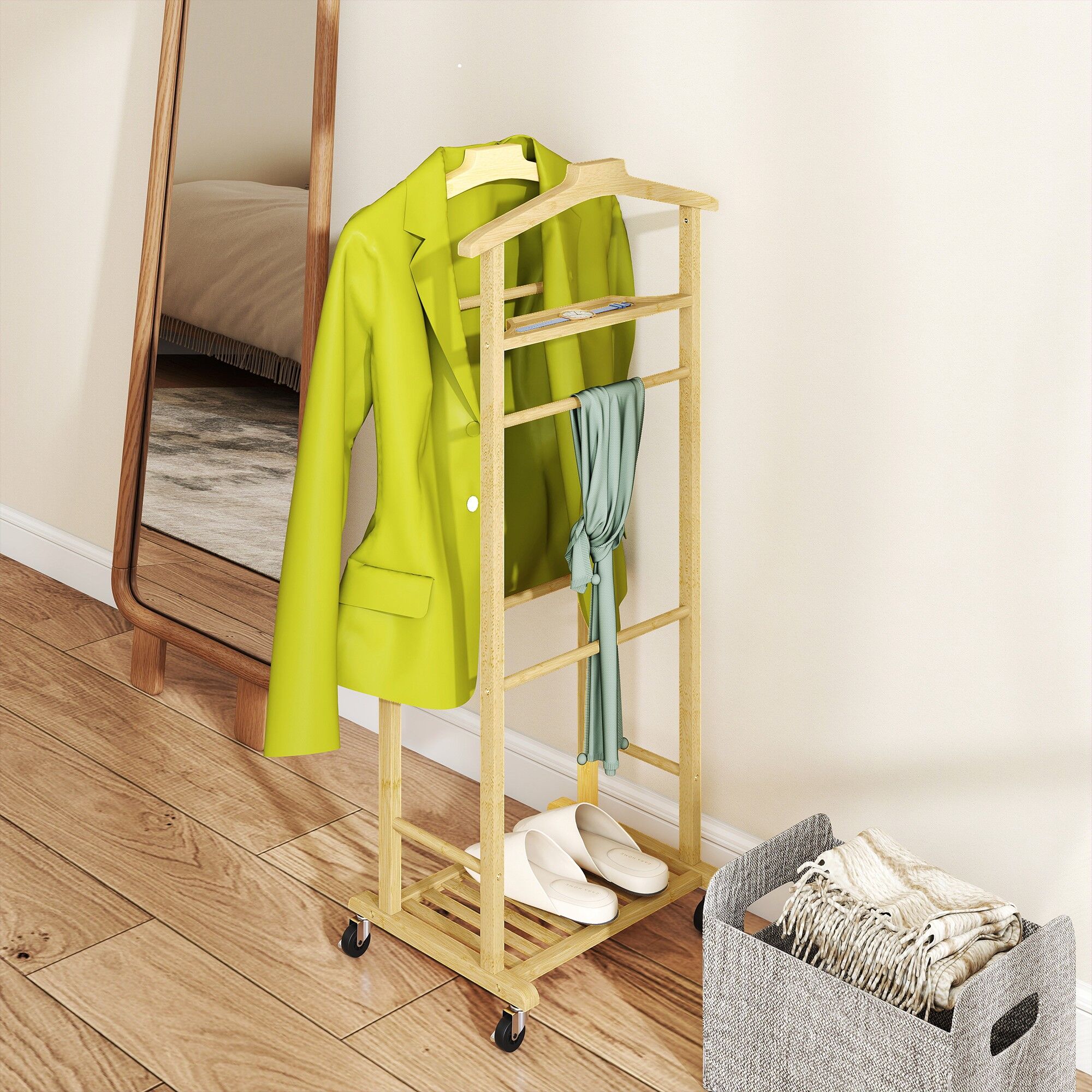 Altro Servomuto 4 In 1 A Rotelle Con 2 Aste, Vassoio Svuota Tasche E Ripiano Per Scarpe, In Bambù, 47x33.7x105.5 cm