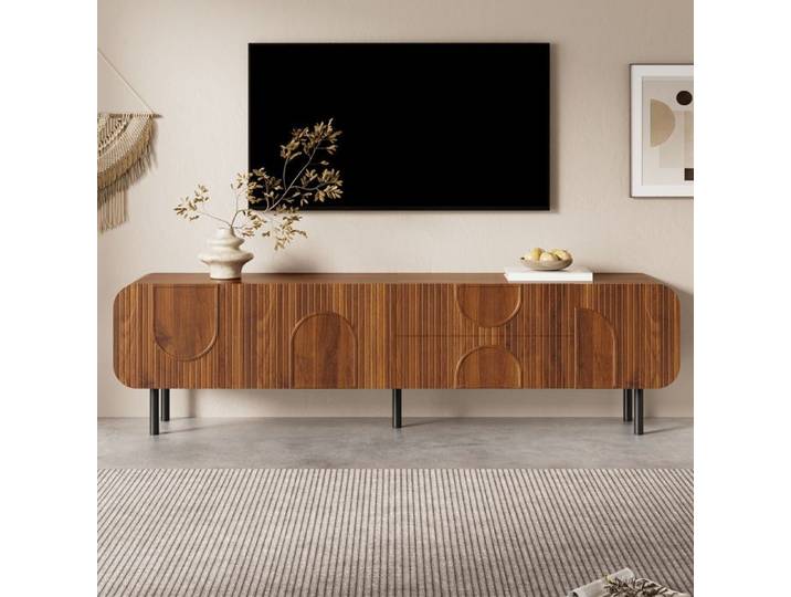 Meuble TV - ZEVKOR - Meuble TV 180 cm - 3 portes 2 tiroirs - Finition noyer - Pieds métal rétro