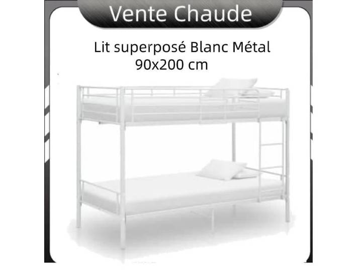 Lit superposé - CHAUD YNF - Blanc Métal - 90x200 cm - Rails de sécurité et échelle latérale