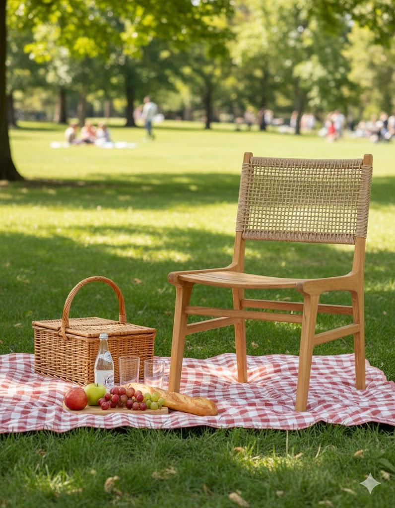 Stilvoller Gartenstuhl aus Holz und Rattan für den Außenbereich