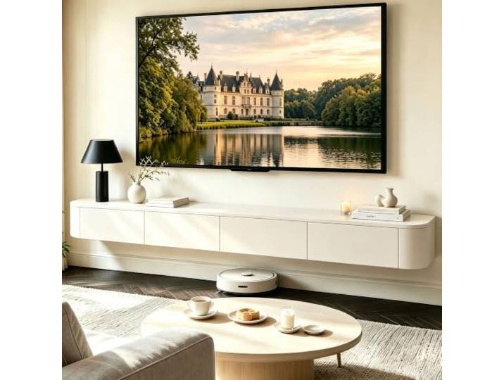 ATHOMASM Platzsparende TV-Schränke Aus Massivholz Multifunktionales TV-Regal Wandmontierter TV-Ständer Schwebender TV-Schrank Mit Tür(Weiß,300cm)