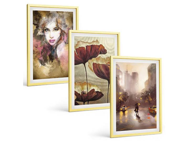 Tulup Bilder SET 3er Set - 40x60 cm Goldrahmen - Abstraktes Porträt einer Frau mit Blumen und Regen, Goldfarben, Kunststoff, Rechteckig, 40x60 cm, Fotografie, Bilder & Rahmen, Bilder