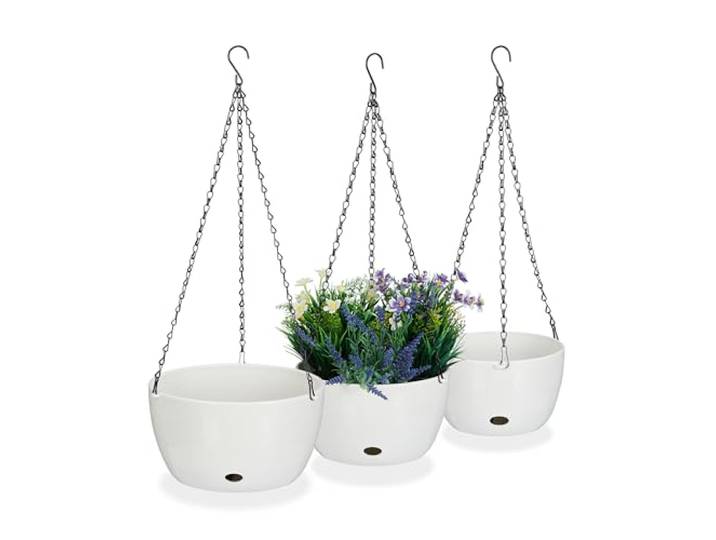 Relaxdays Blumenampel mit Wasserspeicher, Set, 3 Größen, weiß