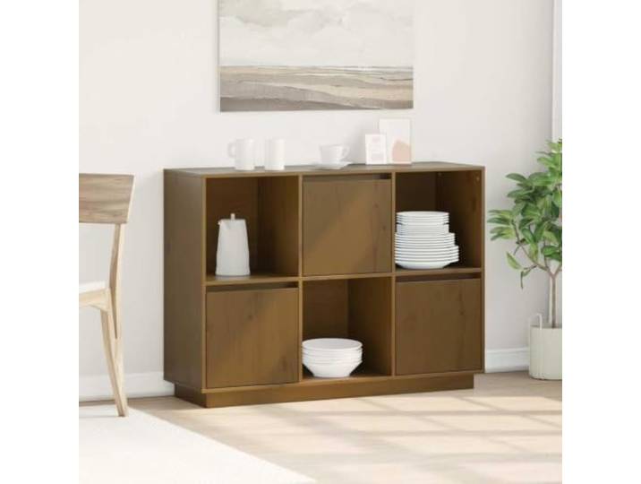 RJPLMFV Anrichte, honigbraun, 110,5 x 35 x 80 cm, massives Kiefernholz 3 Türen, 3 offene Fächer, moderner Stil, Wandbefestigung inklusive