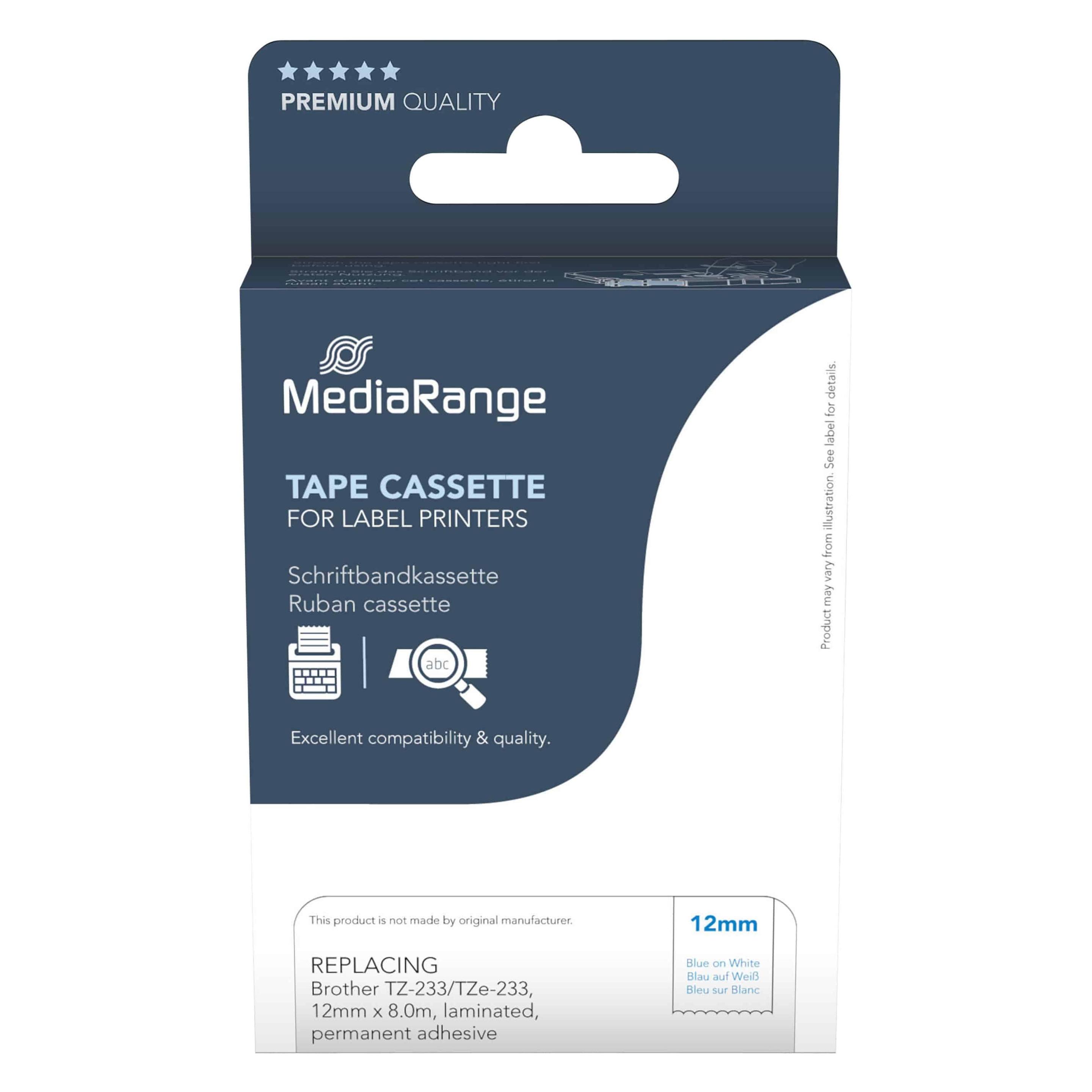 MediaRange Schriftbandkassette blau auf weiß 8m x 12mm (1.20 cm, Blau, Weiss) (MRBTZ233)
