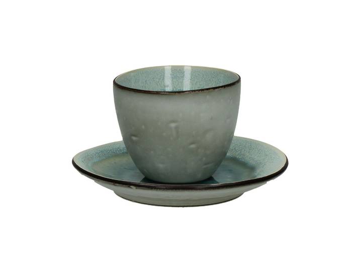Tasse avec soucoupe en grès turquoise, uni - Pomax, Kimo - Ø15x8