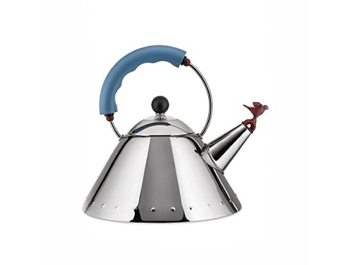 Alessi - 9093 - Bouilloire en Acier Inoxydable 18/10 Brillant avec Poignée et Sifflet-Oisillon - Bleu Clair