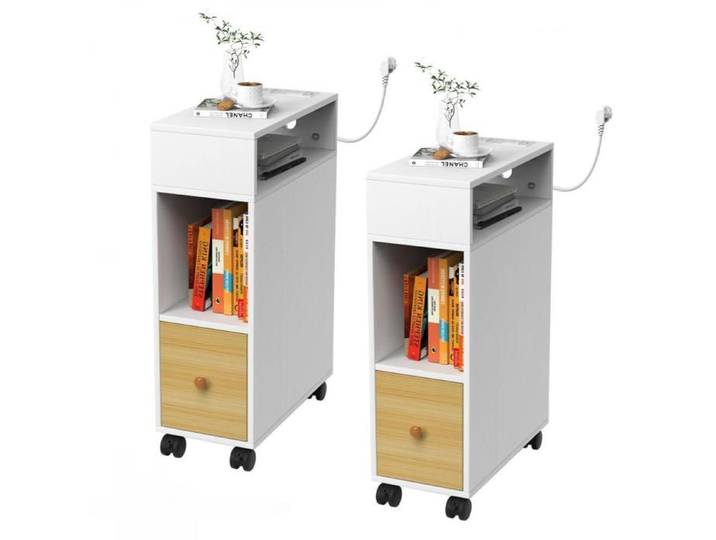 2x Table de Chevet Étroite VIVOLILV - Avec prise et USB - Avec roulettes - 25x50x70 cm - Blanc