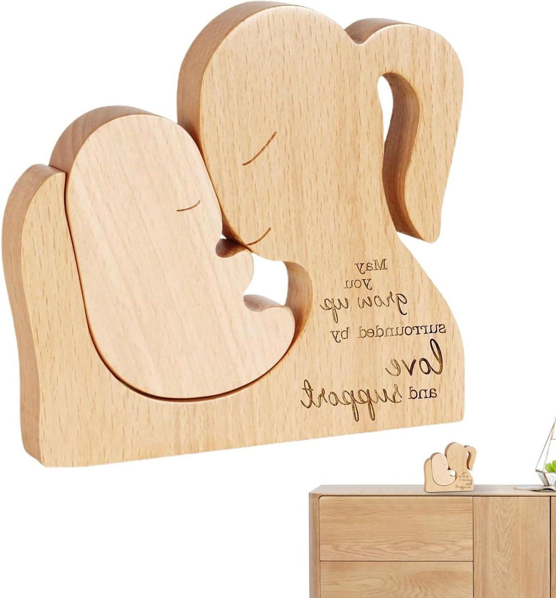 Moeder Kind Beeld Familie Sculptuur Houtkleur 12x12 cm