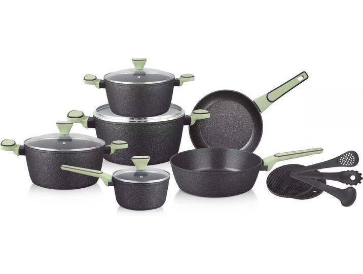 Zilner Topf-Set 15 tlg Schwarz-Grünes Topfset mit edler Keramik-Marmor-Beschichtung, Aluminium (Wählen Sie dieses hochwertige Kochgeschirr-Set und genießen Sie langlebige Qualität, modernes Design und höchsten Kochkomfort, zugleich ist es eine stilvolle und praktische Geschenkidee, die garantiert Freude bereitet., 15-tlg., Passt in jede Küche)