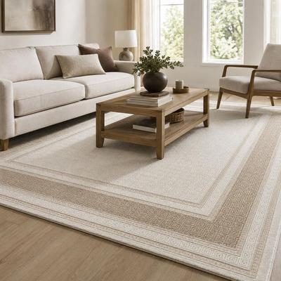 Well Woven Lafayette Key Textured Greek Key Border Area Rug, Cream Beige Tonal Neutral