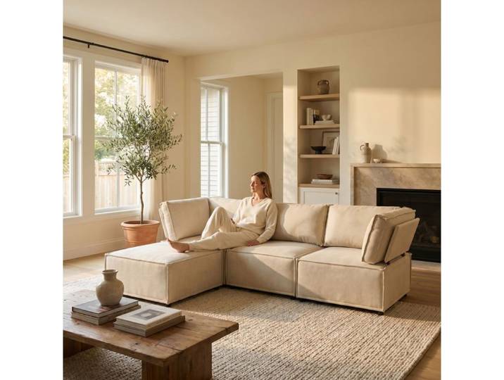 Canape Modulaire 4 Places Beige Canape D Angle Convertible FloraGrace Pour Salon Configuration Libre 238x154x75cm