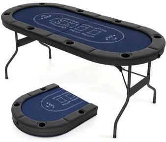 Costway 72 Inch Foldable Poker Table for 8 Players Portable Oval Card Board Game Table-Blue