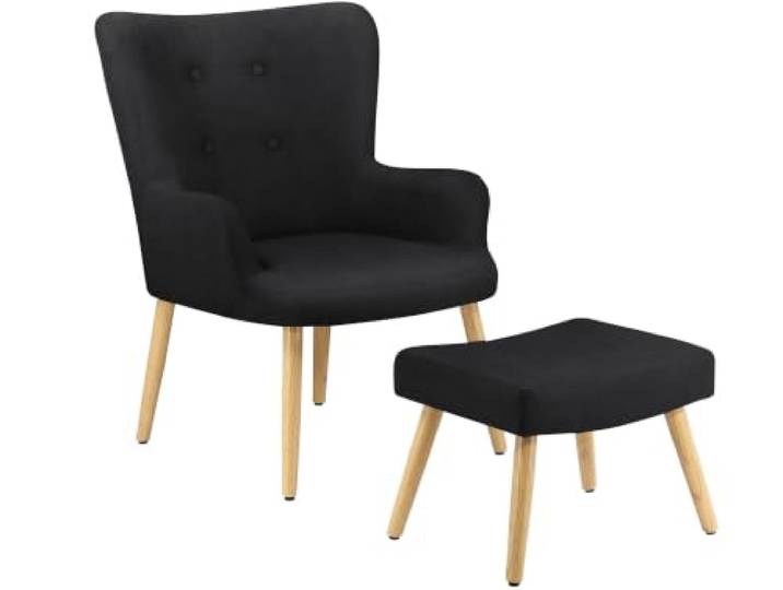 Coco Armsessel mit Hocker aus Mikrofaser schwarz Polster/Gummibaumholz
