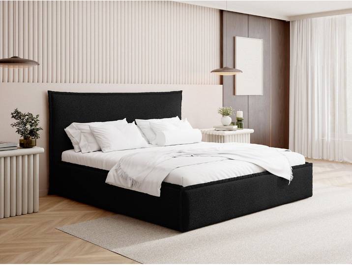 Polsterbett 180x200 cm Schwarz Bouclé mit Bettkasten und Lattenrost – Hohes, Weiches Kopfteil, Gasfedern, ohne Matratze – Hergestellt in Polen