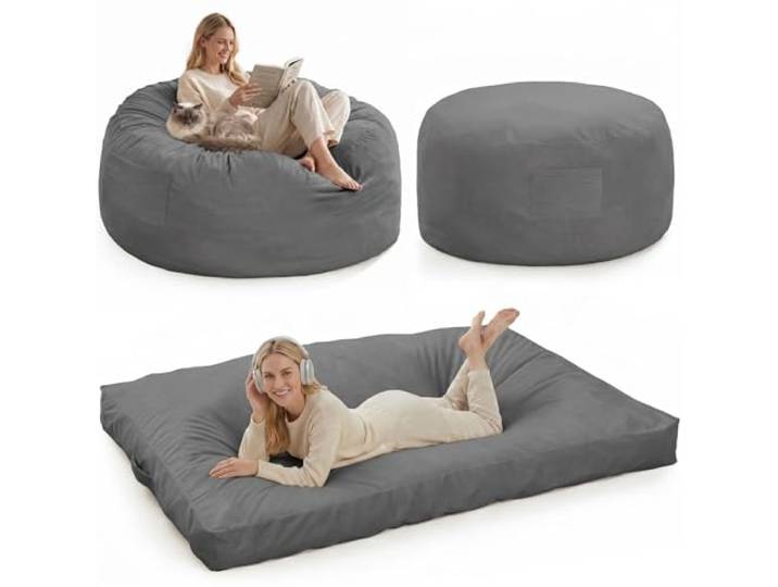 Sitzsack grau mit Memory Foam, XXL Lounge Sessel aus Velours 4-in-1 verstellbar, zum Sitzen, Liegen und Entspannen, weicher Veloursstoff, behält auch bei langem Gebrauch seine Form