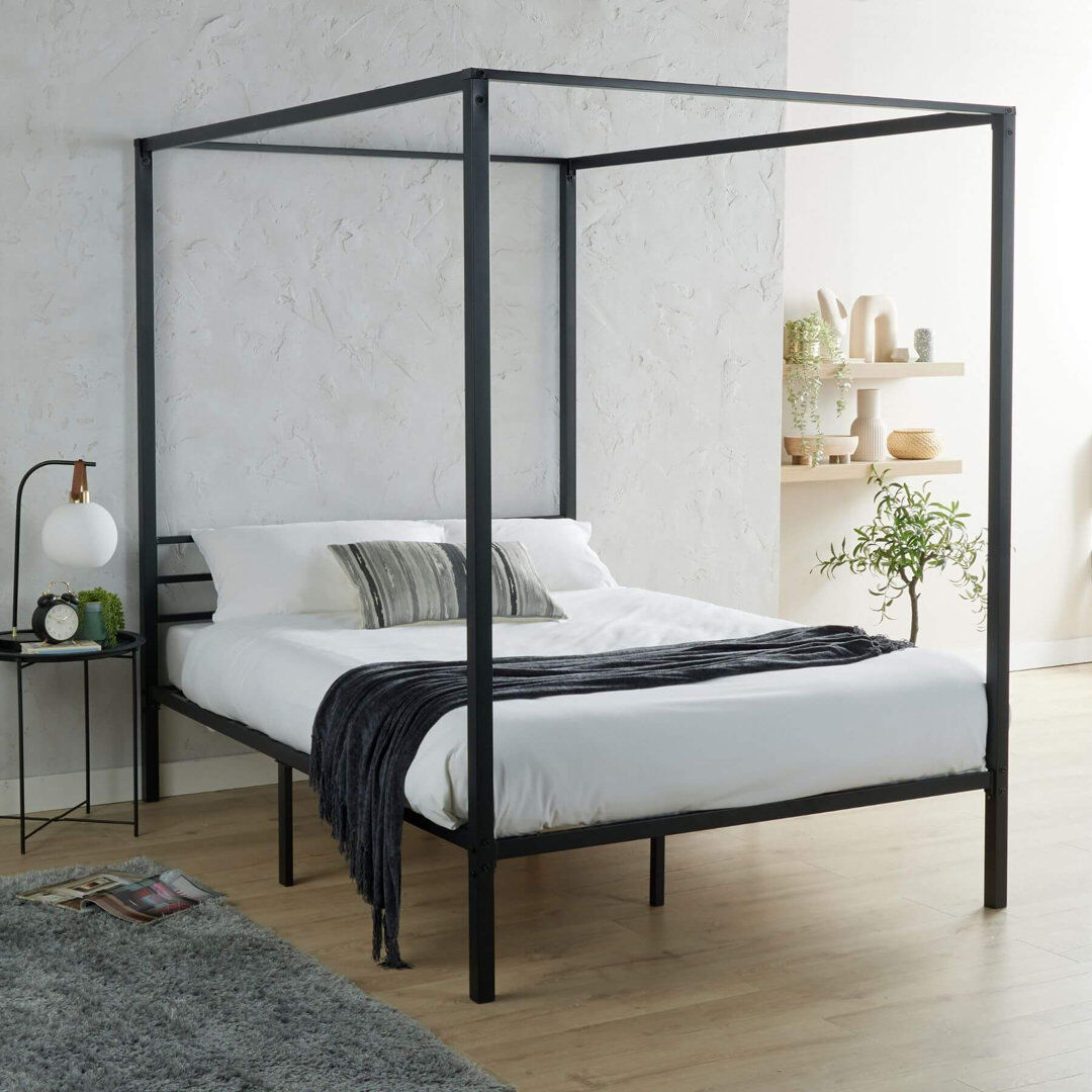 17 Stories Volare Metal Industrial Four-Poster Bed Frame Black Kingsize (5')