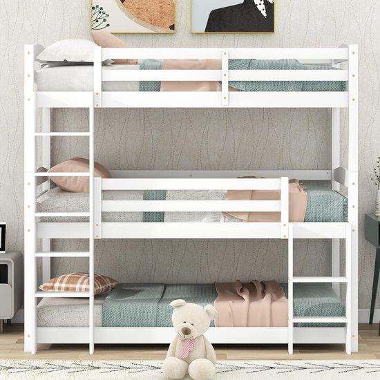 Famanu Stapelbett für Kinder - Dreipersonenbett aus Holz - Raumsparendes Schlafen - Vertikales Design - 90x200cm - Weiß