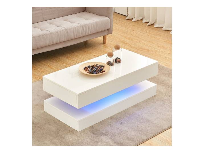 JYMTOM Couchtisch Beistelltisch Moderner Holztisch Weißer Glanz mit LED-Leuchten (1-St), 2 Schubladen 100×50×35 cm – Vielseitiges Home-Office-Möbel