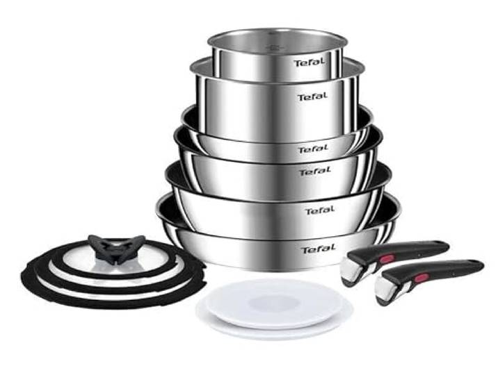 Tefal Ingenio Emotion Kochgeschirr-Set, 13-teilig, Töpfe und Pfannen mit abnehmbaren Griffen, Antihaftbeschichtung, Induktionsgeeignet, Silber/Schwarz