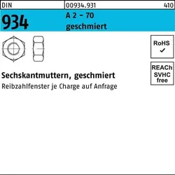 Sechskantmutter DIN 934 M10 A 2 -70 geschmiert 250 Stück