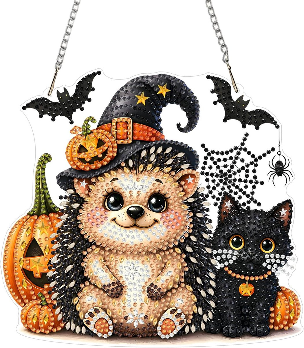 ShopVlot Diamantschilderij Hanger 5D - Halloween Pompoenen Sierhanger Kit voor Raam en Muur