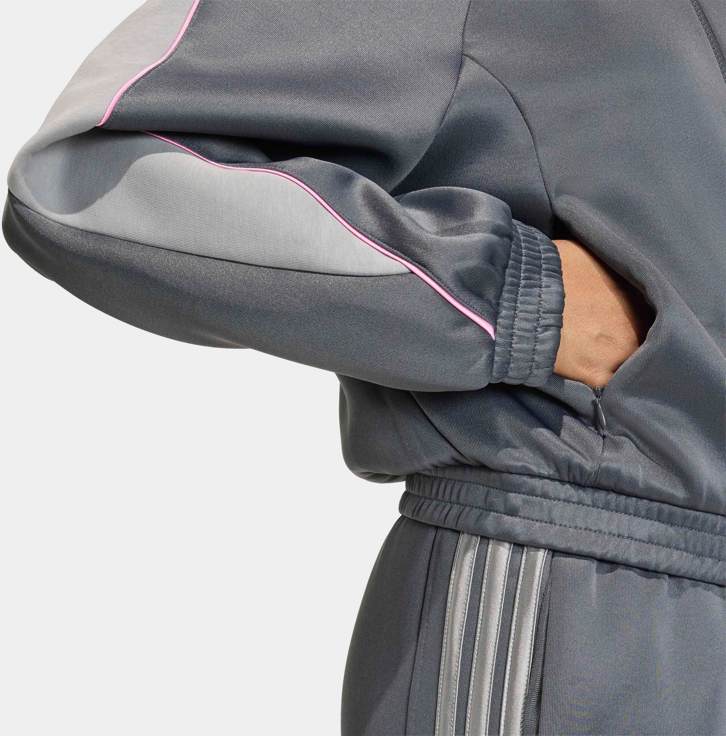 Trainingsjacke ADIDAS SPORTSWEAR "STADIUM", Damen, Gr. L, grau (grau six, ch solid grau, st tropic bloom), Obermaterial: 67% Polyester, 33% Baumwolle, Jacken Trainingsjacke, aus Polyester und Baumwolle, für Erwachsene grau six, ch solid grau, st tropic bl