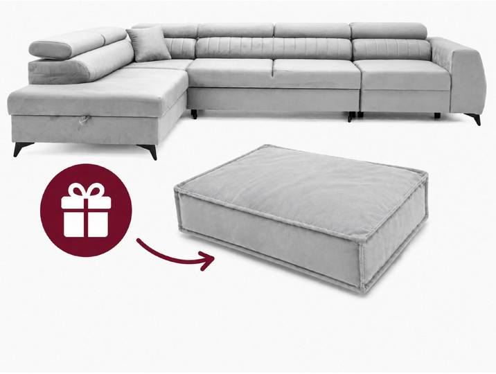 Muffo Ecksofa PIERO MAXI + Haustierbett in der Farbe des Möbelstücks GRATIS, mit Schlaffunktion und Bettkasten, Verstellbare Kopfstützen