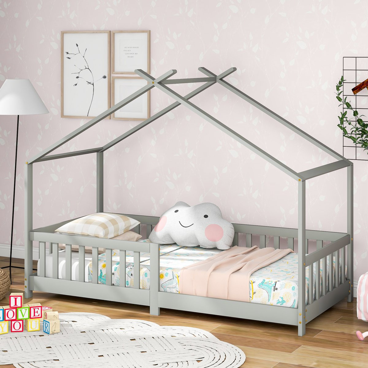 Sweiko Huisbed van massief hout met hek, lattenbod en valbeveiliging voor kinderen, Grijs, 90 x 200 cm