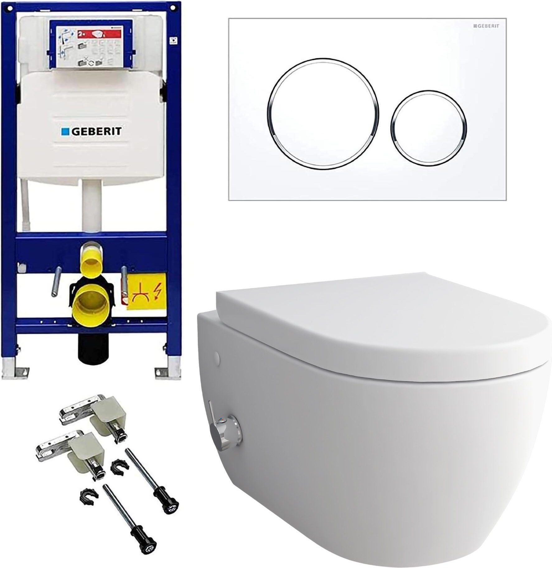 Alpenberger Dusch WC Komplettset | Wand WC Spülrandlos | Toilette mit Intimdusche und Armatur | Toilettendeckel mit Absenkautomatik | Spülkasten Vorwandelement WC Set Komplett