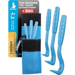 BluePet Zeckenhaken Tick Remover, blau, mit Tasche, 3er Set, für Mensch und Tier, aus Kunststoff, 3 Größen