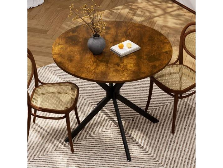 Table à Manger Ronde 90 cm Design Élégant avec Pieds Métal Noir Idéale pour Petit Espace - Brun