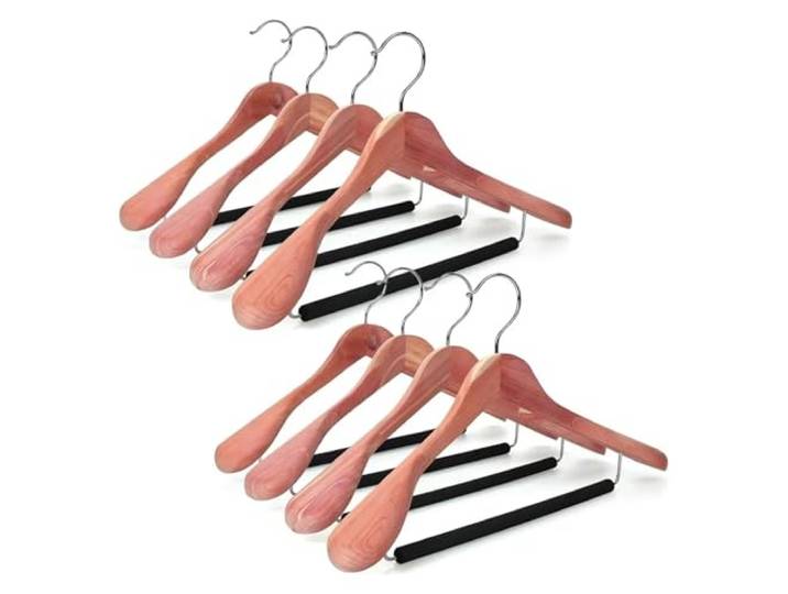 Kleiderbügel aus Zedernholz, breite Schulter, mit schwarzer, gepolsterter Hosenstange(8-Pack)