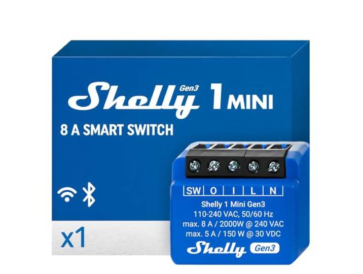 Shelly 1 Mini Gen3 – Micromodule Wi-Fi Schakelrelais│ 1 Kanaal 8A│ Potentiaalvrije Contacten│ Slimme Garagedeuropener│ Afstandsbediening via App│ Compatibel met Alexa│ Google Home en SmartThings