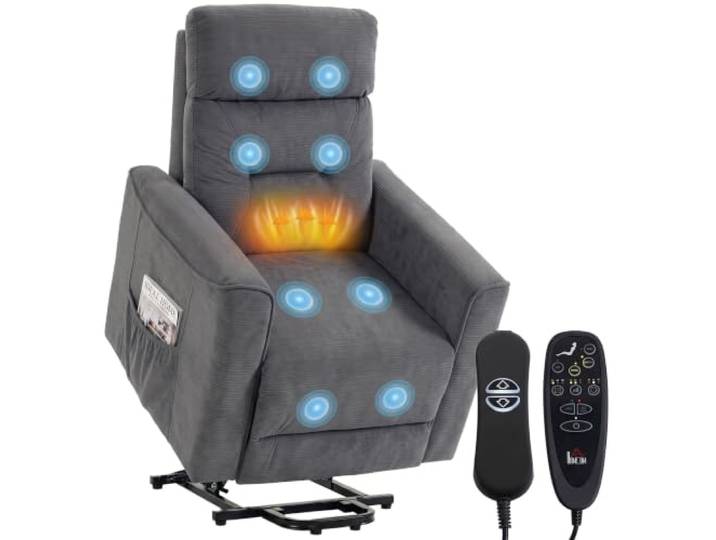 HOMCOM Relaxsessel Elektrisch Fernsehsessel mit Aufstehhilfe, Dunkelgrau Gepolstert TV-Sessel mit Liegefunktion, Massage & Wärme, USB, Fernbedienung, Seitentasche, Chenille-Optik