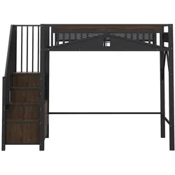 STILVORA Hochbett Metall-Holz Schwarz 90x200 cm, mit Stauraumtreppe, Sicherheitsgitter und Schrank