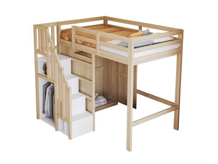 Lit mezzanine Logidon 90x200 cm espace de rangement échelle de sécurité bois massif