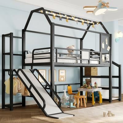 Telepassa Metal Playhouse Loft Bed with Storage Shelves